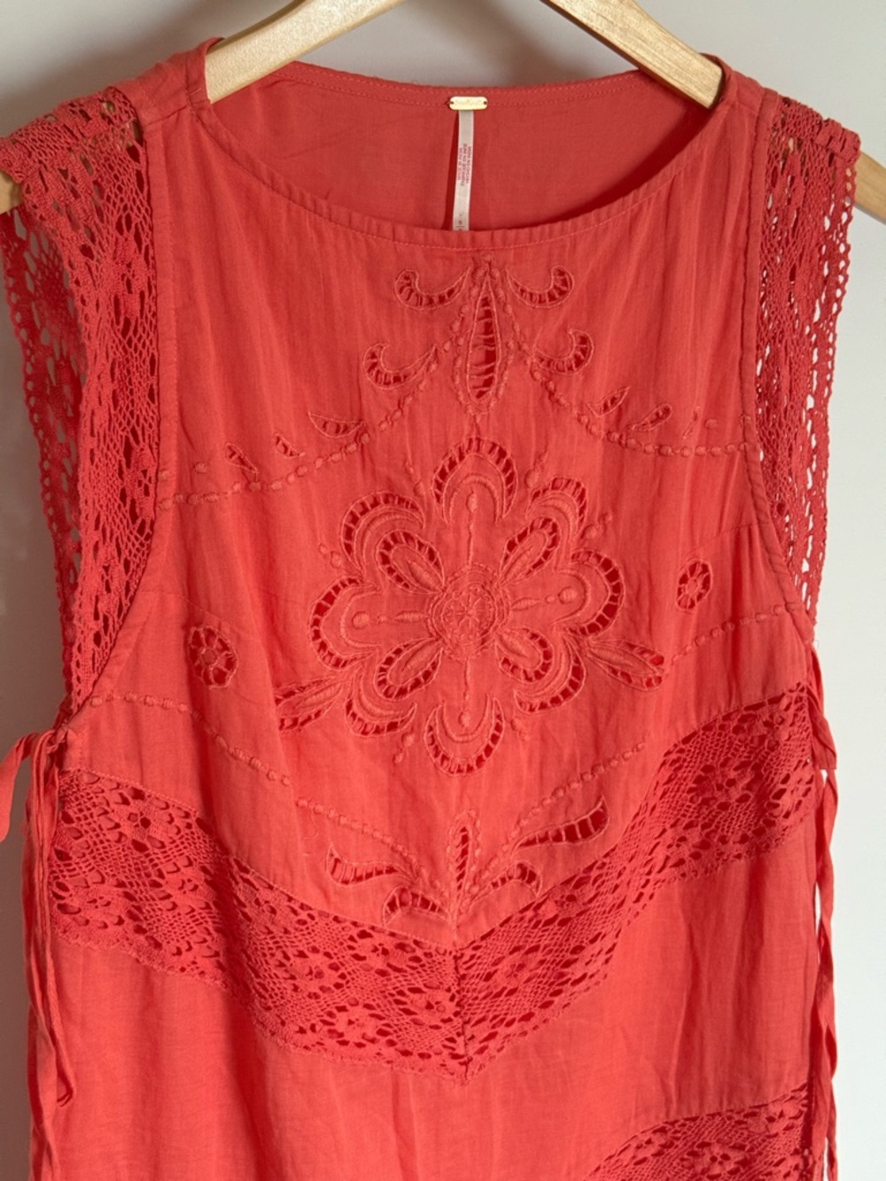 Free People Winifred Mini Dress Red Guava Coral Lace Tassel 100% Cotton Small - Picture 6 of 15